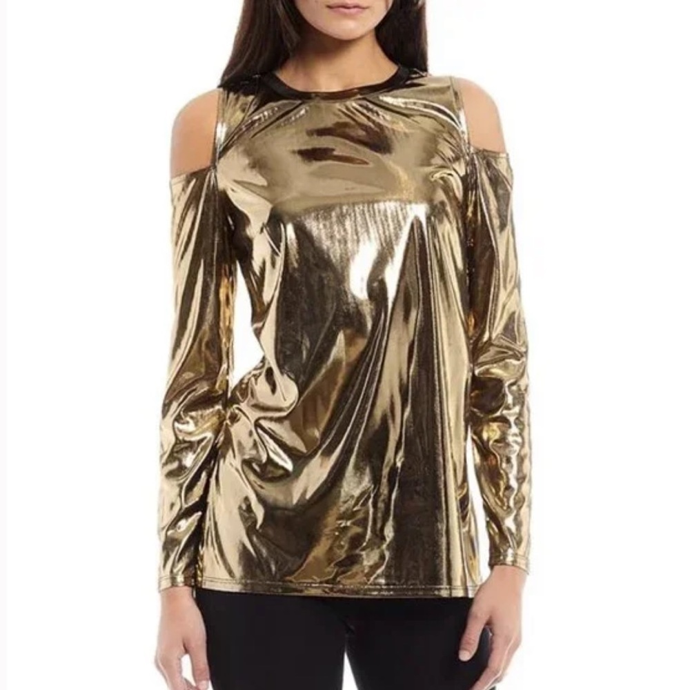 ✅NWT MICHAEL Michael Kors Slick Foil Long Sleeve In Liquid Gold